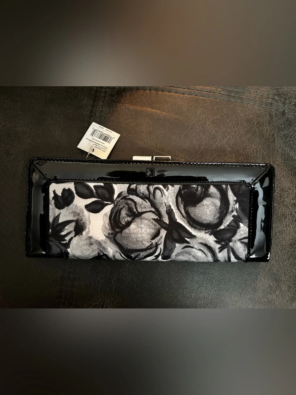 NWT Liz Claiborne Black & Gray White floral Patent satin Clutch with silver trim